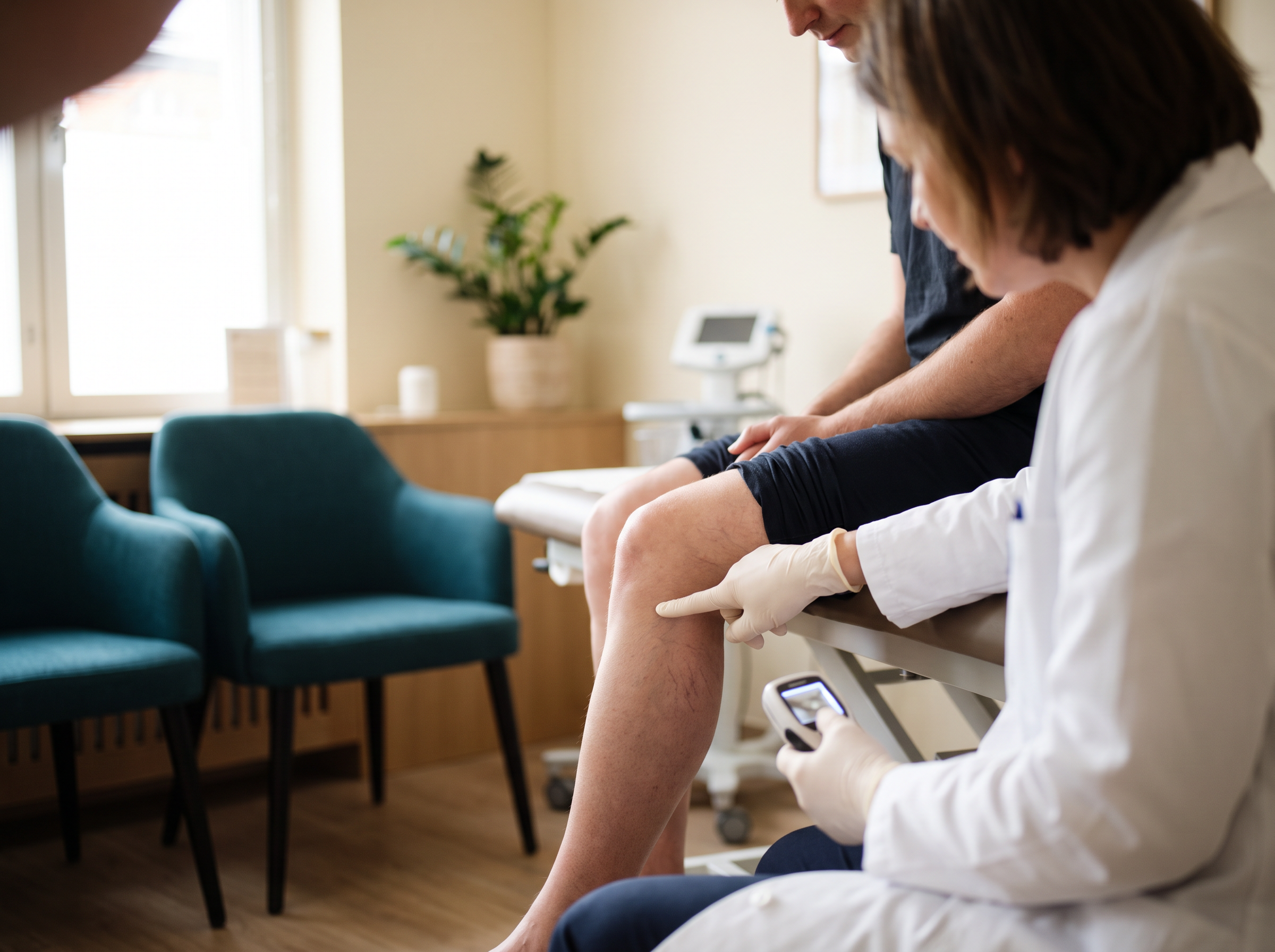 Physician pointing to visible spider veins on a patient's lower leg during a vein assessment at APMUC in Orlando, Florida.